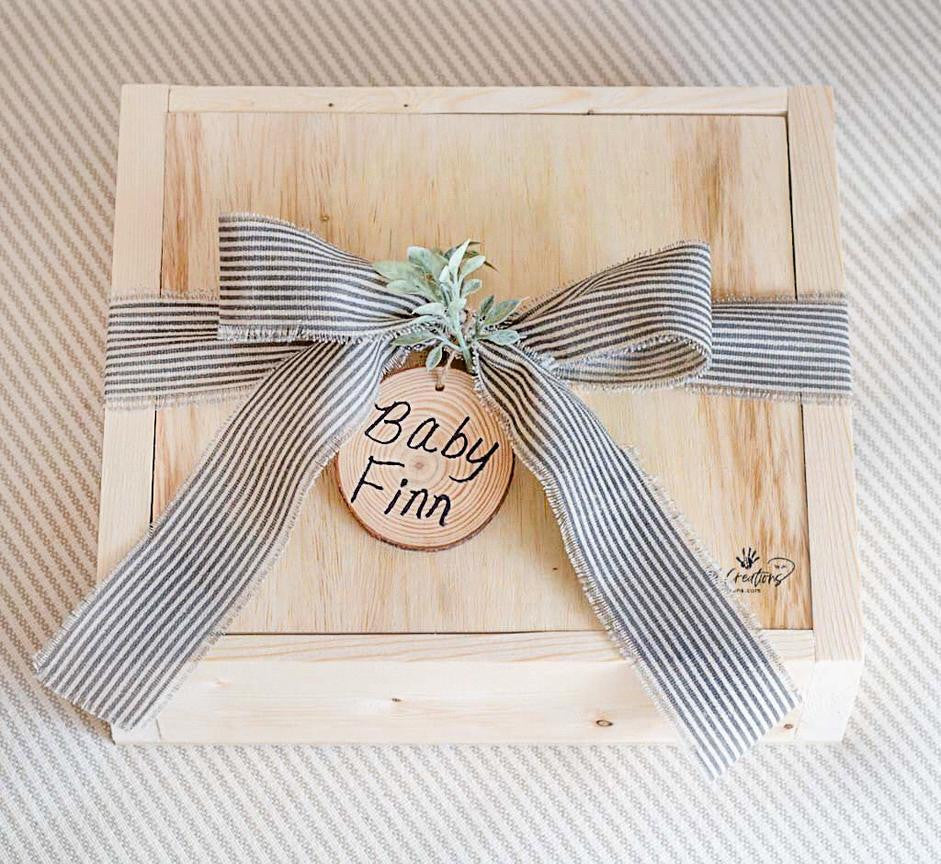 Handmade Personalized Wooden Gift Box with Ribbon and Wood Chip Name Tag