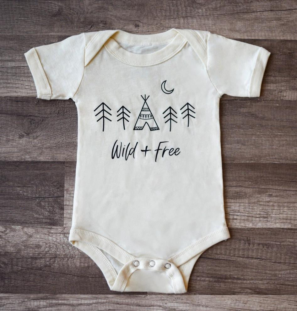 Natural Color Baby Onesie with Wild + Free Teepee Print